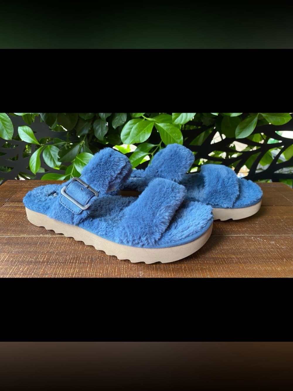 Koolaburra by Ugg - Blue Fuzzy Double-Strap Slide Sandals - Women's